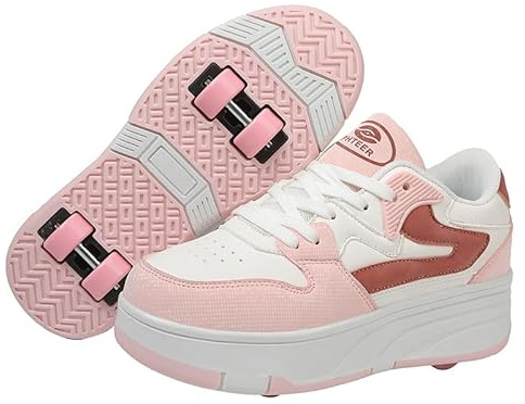 Mateju Rullskor Barn Flickor Sport Skateboardskor med 4 Rullhjul Skateboard Sneakers Unisex Barn Vuxna, Rosenröd, 37 EU