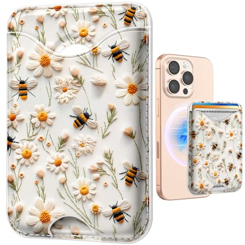 Shorogyt Compatible with Magsafe Wallet Magnetic Card Holder - Floral Honey Phone Wallets for Women Teen Girls Cute for iPhone 17/16/15/14/13/12 Series Slim for Apple Mag RFID Magnet, Fit 3 Cards