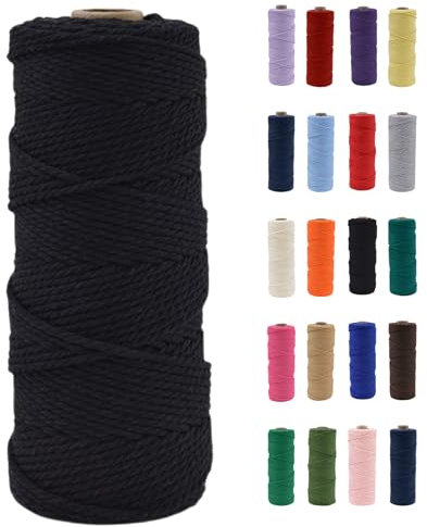 POPOYU Hilo de macramé de 2 mm, hilo de macramé negro, hilo de algodón de macramé de 2 mm x 100 m, cordón de algodón natural, cuerda de algodón para manualidades, punto bohemio, decoración