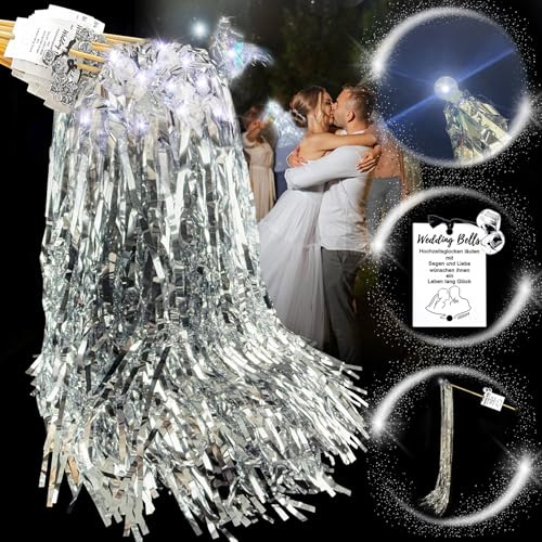 VEEKAY Varitas de Boda con LED luz fluorescente,30 Piezas Varitas de Cinta con Campanas,Serpentinas de Cintas de Boda,Serpentinas para Bodas, Cinta Wedding Wands,para Cumpleaños, Navidad, Fiestas