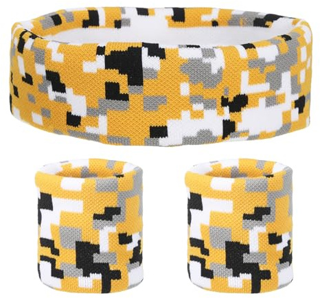 sourcing map Juego de bandas de sudor deportivas de tela de rizo, 8 x 2 pulgadas, absorbe la humedad, absorbe el sudor, para mujeres y hombres, ejercicio (camuflaje a cuadros, amarillo)