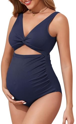 Maternity One Piece Swimsuits for Women - Ribbed Cutout High Waist Maternity Bathing Suits Tie Knot Pregnancy Swimwear 2026 Navy L