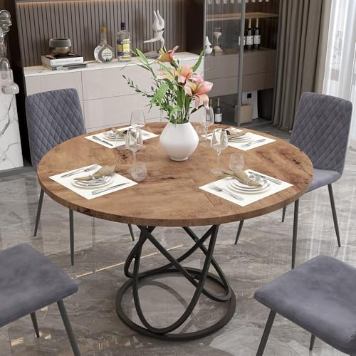 GOLDFAN Round Dining Table 120cm Wooden Kitchen Table for 6-8 People, Rustic Dining Table with Black Metal Legs for Dining Room, Kitchen
