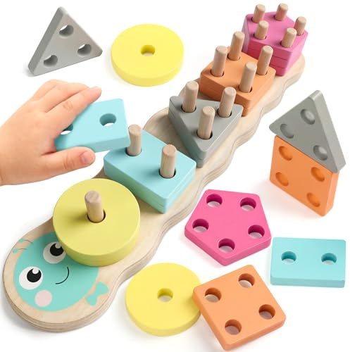 Rtomry Giochi Montessori 1 Anno - Giochi Bambini 1 Anno in Legno, Giocattolo Educativo Incastro Forme e Colori a Forma di Bruco, Sviluppo Motricità Fine, Regalo Bimbo 1 2 Anno Maschio Femmina