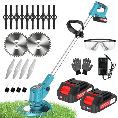 X-cotec Desbrozadora Electrica 800W, Desbrozadora Bateria con 2 Baterías 1500mAh y 4 Tipos de Cuchillas, Cabeza Giratoria de 90°, Recortabordes Eléctrico para Jardín, Recorte de Césped