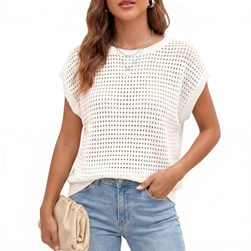 TALALAAZM Women's Summer Crochet Cap Sleeve Top,Hollow Out Knit Sleeveless Beach Cover Up,Round Neck Loose Beach Vacation Clothes