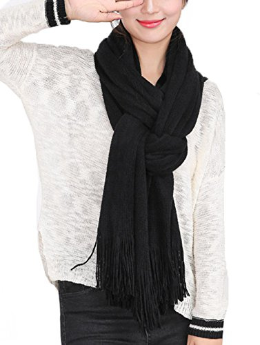 Wander Agio Women's Warm Long Scarves Winter Scarfs Pure Color Scarf Tassel Black
