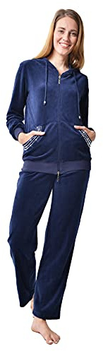 RAIKOU Damen Micro Velours Freizeitanzug Hausanzug mit Reißverschluss Nicki-Anzug Zweiteiliger Schlafanzug mit Strasssteinen (44/46, Nachtblau)