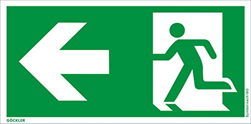 Hochwertiges Notausgangsschild + selbstklebend - Pfeil LINKS - Notausgang Schild grün – DIN 67510 / ISO 7010 (300 x 150 mm)