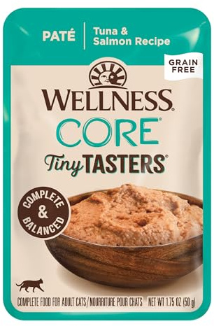 Wellness CORE Tiny Tasters Pate Adult Wet Cat Food, Natural, Protein Rich, Grain Free, Tuna and Salmon Recipe, 1.75 oz, Pack of 12 Pouches