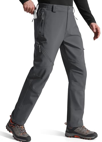 FREE SOLDIER Men's Fleece Lined Outdoor Cargo Hiking Pants Water Repellent Softshell Snow Ski Pants with Zipper Pockets (Gray 34W x 32L)