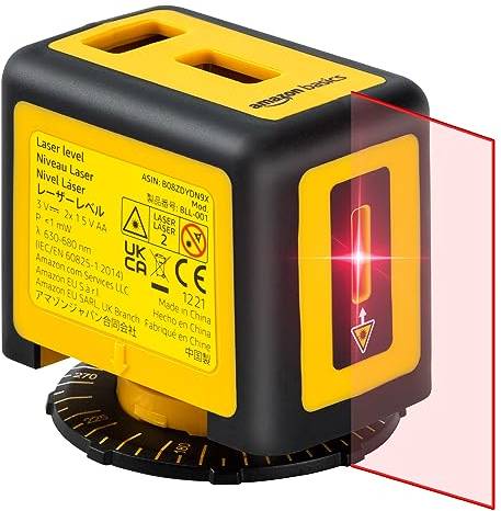 Amazon Basics Nivel láser de clase II giratorio de 360 grados, dos viales de burbuja retroiluminados extragrandes, Láser de 3 metros, Amarillo Y Negro