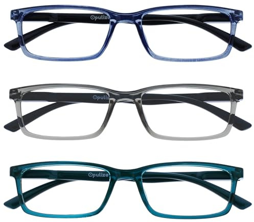 OPULIZE SEE Blaulichtfilter Lesebrille für Damen Herren, Blendfreie UV400-Schutz Federscharnier Anti-Müdigkeit, Rechteckiger Rahmen, Computerbrillen Gaming, 3er-Pack Blau Grau Türkis +1,50
