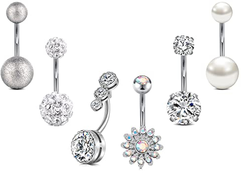 JFORYOU Bauchnabelpiercing 6 Stück CZ Glänzend Bauch Nabel Piercing Ring Chirurgenstahl Bauchnabelpiercing für Frauen