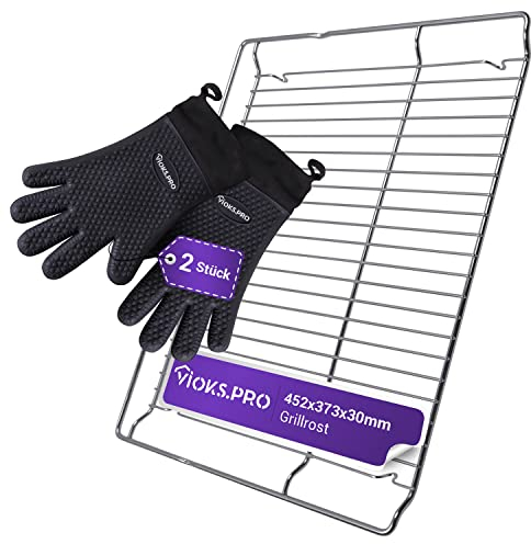Viоks.pro Set Backofenrost 452х373х30mm Ersatz für Bosch 00577170 Gitterrost für Backofen mit 2x Silikon Ofenhandschuhe Hitzebestaendig für Backofen