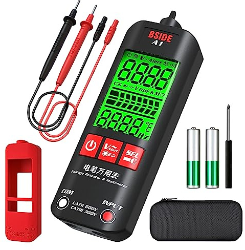 BSIDE A1 Multímetro Digital Inteligente Mini Polímetro Completamente Automático LCD 3 Resultados Detector de Voltaje Sin Contacto Probador de Voltaje Continuidad Ohm Frecuencia con Estuche y Funda