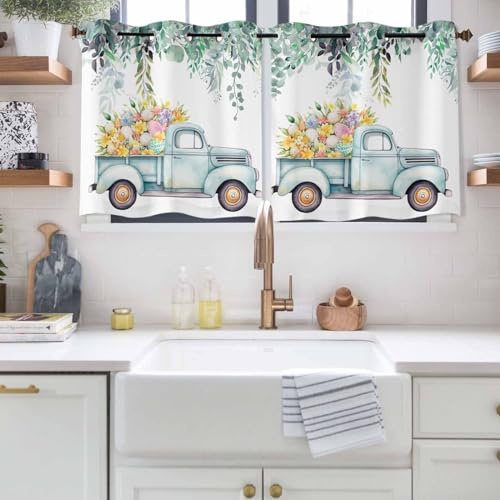 Easter Curtains Panels for Bedroom Truck with Eggs Spring Flowers Eucalyptus Leaves Window Curtains Light Filtering Grommet Top Drapes for Bathroom Living Room-2 Panels, 84 W by 45 L
