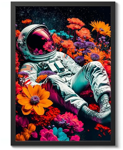 Astronaut Flowers Space Poster, Colourful Abstract Astronomy Wall Art Home Decor, Astronaut Planets Print, Archival Matte, A3 (Black Frame) - 42x29.7cm