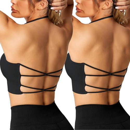 Crewhpo Sujetador Deportivo Mujer Sujetador Halter Sin Aros con Almohadillas Extraíbles Sujetadores con Espalda Cruzada para Yoga Pilates Fitness Ejercicio Corriendo