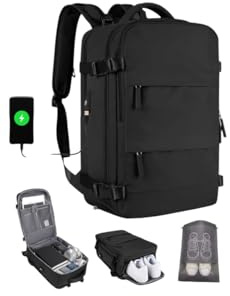 Thulander Mochila Viaje Cabina Avion 40x20x25 compatible con Aerolineas Maleta Cabina con apertura 180°, puerto USB y compartimentos organizados Mochila Viaje ligera impermeable Mochila Mujer (Negro)
