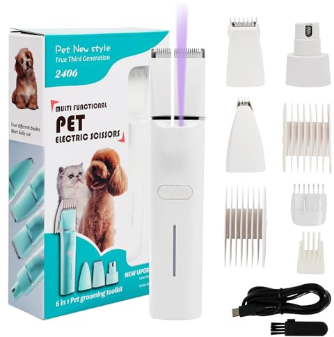 Dufuso Leise Schermaschine Katze Set, 4 in 1 Haarschneidemaschine Mit LED-Licht, Profi Pfotentrimmer Für Hunde, Für Große Kleine Katzen Hunde, Für Pfoten, Augen, Ohren, Gesicht, Körpe (Weiße)