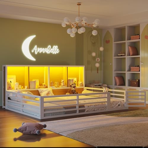 Oxtao Cama para niños, 140 x 200 cm, con protección contra caídas y somier de láminas, cama Montessori, cama con 4 compartimentos e iluminación LED y puerta, cama de metal (blanco, 140 x 200 cm)