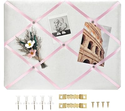 Aitakatta White Fabric Memo Bulletin Board, 17x13 inches Velvet Pin Board for Wall, Vision Board Message Board with Pink Criss-Cross Ribbons for Home Office School Wall Decor(PK Ribbon,4333)