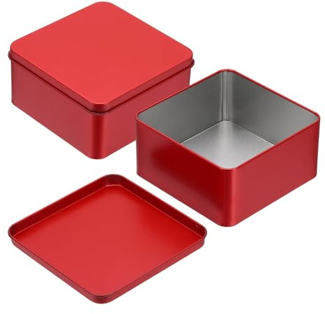uxcell 2Pcs Metal Tin Box, 4.5x2.2 Square Empty Tinplate Containers with Lid Portable Storage Box Candy Jars for Valentine's Day, Candle Jewelry Craft Storage Home Organizer, Red
