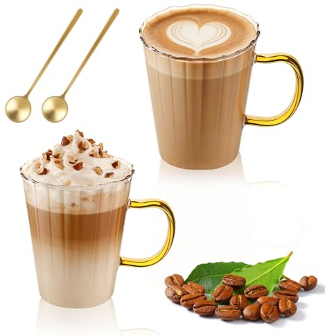LOOFORE Glass Coffee Mugs 12oz 350ml with Handle and Spoon, Set of 2