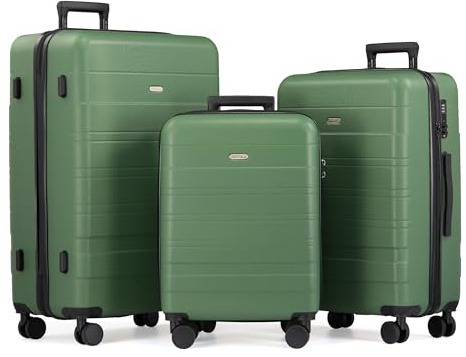 VonHaus Suitcase Set - Green Luggage Set for Travel - 3 Piece Lightweight ABS Hard Shell Suitcases - Telescopic Handle & Double Spinner Wheels - TSA Lock & Anti-Theft Zip - Large, Medium & Cabin Bag