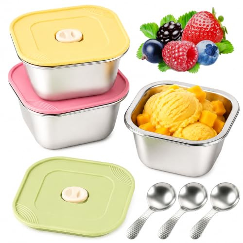 CAINCAY Contenitori per gelato, 3 pezzi 400ml in acciaio inossidabile con coperchi in silicone e cucchiaio, contenitori per gelato riutilizzabili per gelato, yogurt e snack