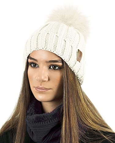TOSKATOK - Gorro de invierno para mujer con forro polar cálido y pompón grande de pelo sintético, de punto acanalado y punto de arroz Sombrero ecru. Talla única