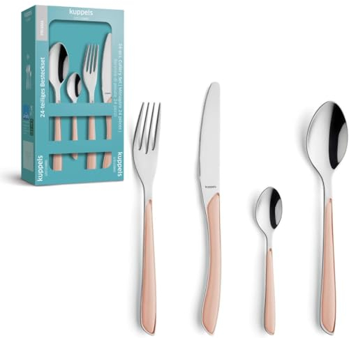Kuppels Service de Couverts à Prisme en Acier Inoxydable Poli, Couverts 24 pièces, pour 6 Personnes, Manches en Plastique de Haute qualité en Abricot, Inoxydable, Lavable au Lave-Vaisselle