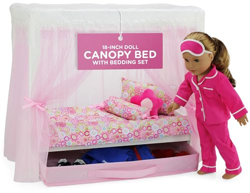 Emily Rose 18 Doll Princess Canopy Bed - White Wood with Pink Tulle Curtains, 5-PC Bedding Set & Storage Drawer - Fits American Girl Dolls - Royal Bedroom Furniture