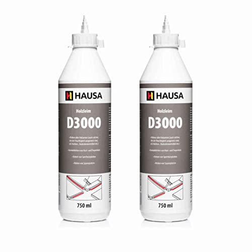 HAUSA Holzleim D3 extra starker, wasserfester Holzkleber für Innen & Außen, Kaltleim für alle Holzarten, Feuchtigkeits- & Hitzebeständig, schnell trocknend, transparent, lösemittelfrei, 2x 750ml