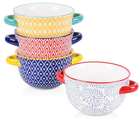 Selamica Ceramic Soup Bowls with Handles, French Onion Soup Crocks 20 OZ, Oven Safe Soup Bowls for French Onion, Chili, Beef Stew, Cereal, Pot Pies, Set of 4, Assorted Colors