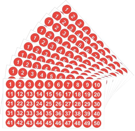 LICQIC 10 Sheets Self Adhesive Number Stickers, 1 to 50 Sticky Round Number Labels for Sorting, Organizing, Storage Boxes, Lockers, Office&School Supplies, 1 inch