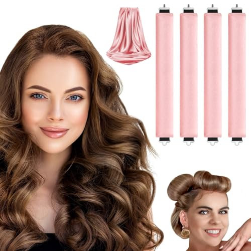 LOPHE Bigodino Morbidi, 4 Pezzi Ricci Senza Calore con 1 Seta Fazzoletto, Nessun filo, Heatless Hair Curler per la Notte, Bigodino Lungo per Boccoli per Corti, Lisci o Ricci（Rosa）