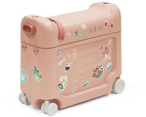 Stokke JetKids BedBox, Coral Pink - Aufsitzkoffer für Kinder von 2-7 Jahren (bis 35 kg) - Lässt Sich in EIN Bett verwandeln - Inklusive Matratze, dekorativen Aufklebern & verstellbarem Tragegurt