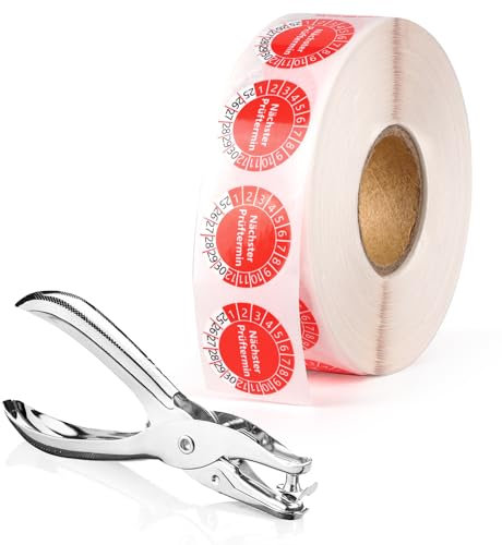 1000 Stück Nächster Prüftermin Prüfplaketten 1 Lochzange Prüfplakettenzange Rundloch 3MM Satz 2025-2030 GelbSelbstklebend Prüfaufkleber Lochzange für Prüfplaketten Elektro (1000, Rot, 20MM)