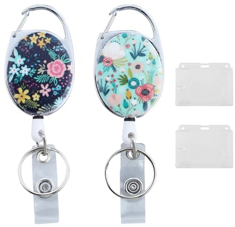 2 pezzi Fiore Porta Badge Moschettone con 2 moschettoni, Portachiavi Estensibile,Porta badge retrattile chiavi carta d’identità,Porta Badge Infermiere, Portas Tesserino Collo