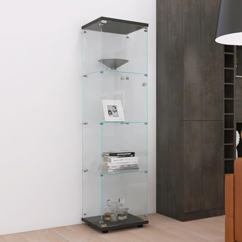 Vitrina de Cristal, Vitrina expositora, Armario de colección Moderno de Cuatro Capas con Puerta, Mueble Vitrina de Cristal, para Dormitorio, salón y Comedor, 42,5 x 36,5 x 164 cm, Negro