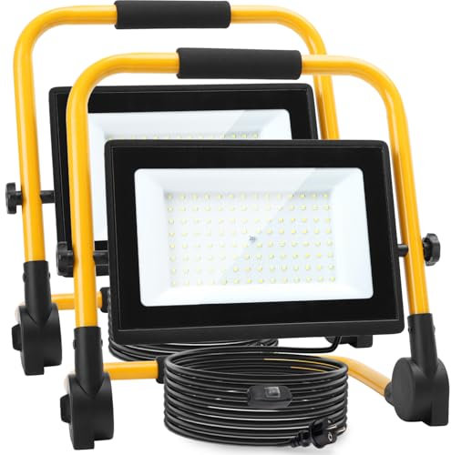 Aigostar Foco de Trabajo LED 100W,2 piezas,9000LM,Foco Portátil con Cable de 4M,Enchufes Con Interruptor Estanco,IP65 Impermeable,Soporte plegable,Uso en Interior y Exterior,para Obra, Taller,6500K