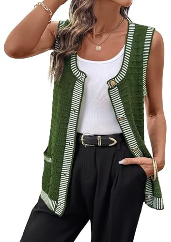 Dokotoo Women's 2026 Sleeveless Cardigan Sweaters Casual Button Down Round Neck Knit Cardigans with Pockets Vineyard Green X-Large