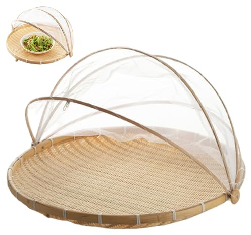 Odoukey Cesta de Frutas de Malla con Tapa, Cesta de Frutas de bambú de 12 Pulgadas con Cubierta de Gasa de Malla, Tienda de campaña para Alimentos al Aire Libre para Verduras, Pan y Almacenamiento de
