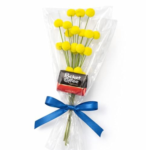 Idea Regalo Pasqua - Festa della Mamma - Ramo di Mimosa Artificiale 18cm con un Cioccolatino Pocket Coffe 12,5g Confezione Regalo Elegante con Fiocco