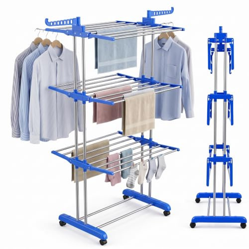 ZOPPER 4 Tier Clothes Airer, 170cm Stainless Steel Drying Rack - | Clothes Drying Rack Indoor & Outdoor, with Wheels, Tower Clothes Horse, Laundry Drying Stand for Large Wash Loads