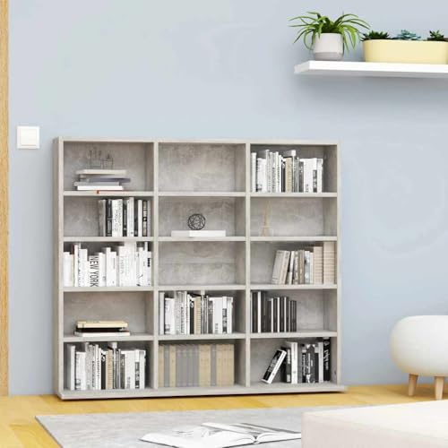 LoogCape Étagère CD gris béton 100 x 23 x 89,5 cm en bois avec 15 compartiments ouverts pour salon, bureau et home cinéma, montage mural possible, buffet robuste pour musique et médias