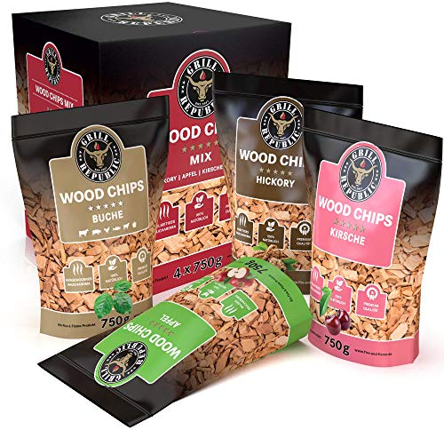 Premium Wood Chips Mix (Hickory, Apfel, Buche und Kirsche) für optimales Raucharoma beim Grillen/Räucherchips Gasgrill - Räucherchips Grill - Grill Zubehör - 4X 750g