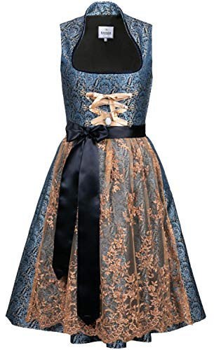 Edelnice Trachtenmode Esclusivo designer Midi collo alto Dirndl Estelle con pizzo dirndl grembiule e Charivari Gr. 32-54 Blu scuro 42